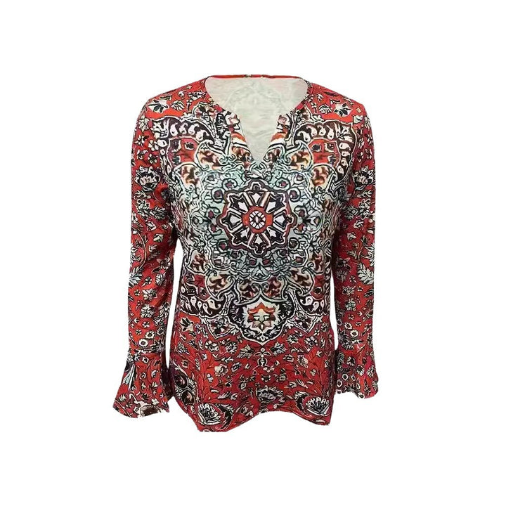 Damen Langarm-Bluse mit ornamentalem Mandala-Print und V-Ausschnitt – Élovi