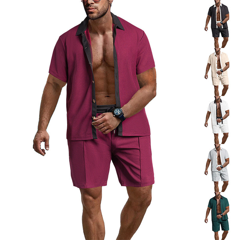 Herren lässiges Freizeit-Set mit strukturiertem Kurzarmhemd und passenden Shorts Echoarchiv