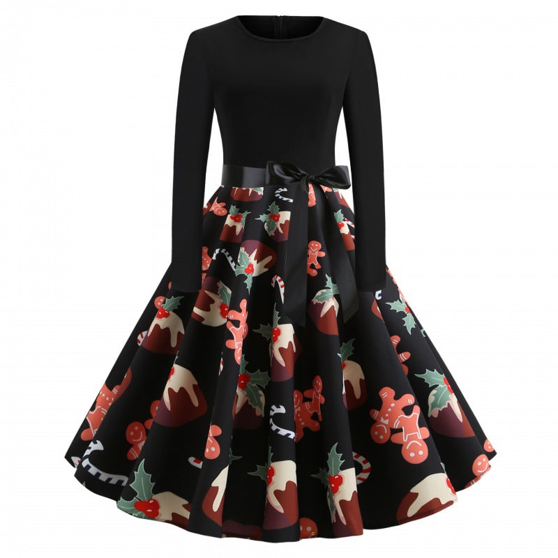 Damen Festliches Tellerkleid im Retro Stil mit langen Ärmeln tailliertem Oberteil und Satin‑Taillenschleife – Élara