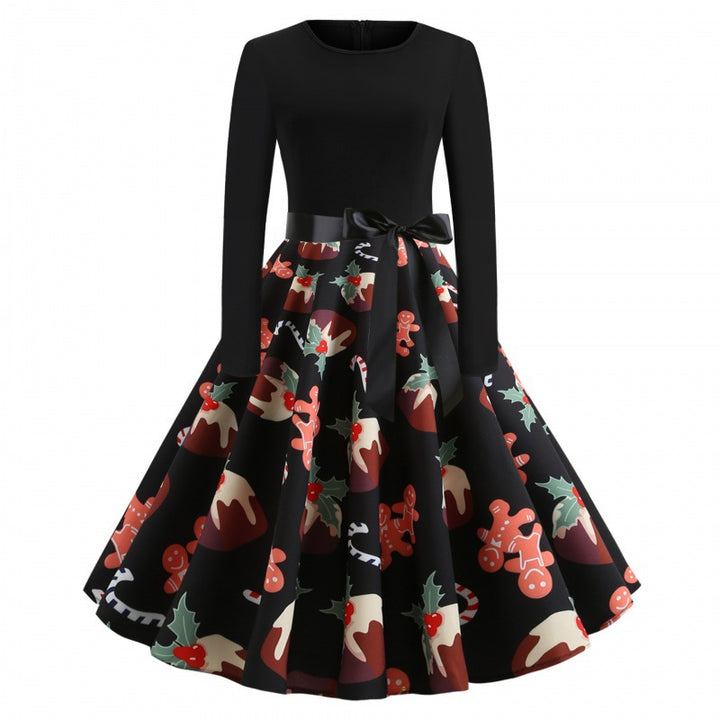 Damen Festliches Tellerkleid im Retro Stil mit langen Ärmeln tailliertem Oberteil und Satin‑Taillenschleife – Élara