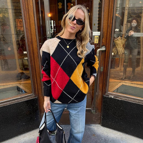 Damen Oversize Argyle-Pullover aus Mohair-Mix mit Rundhalsausschnitt und kontrastierenden Rautendetails Echoarchiv