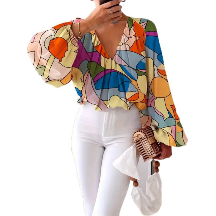 Damen oversized Bluse mit farbenfrohem grafischen Muster und weit ausgestellten Ärmeln Echo Archiv