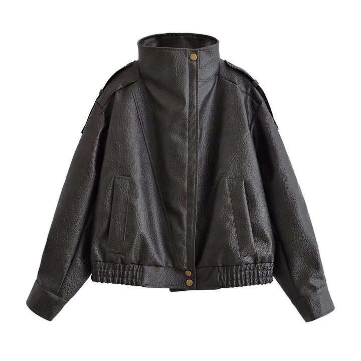 Damen Kurzjacke im Aviator‑Stil aus Kunstleder mit hohem Stehkragen, Schulterriegeln und tailliertem Rippbund Echoarchiv