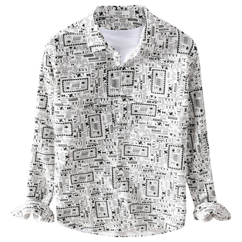 Herren Langarmhemd im Overshirt-Stil mit geometrischem Ethno‑Print Echoarchiv