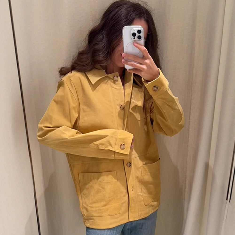 Damen Oversize Baumwoll-Worker-Jacke mit aufgesetzten Taschen Echoarchiv