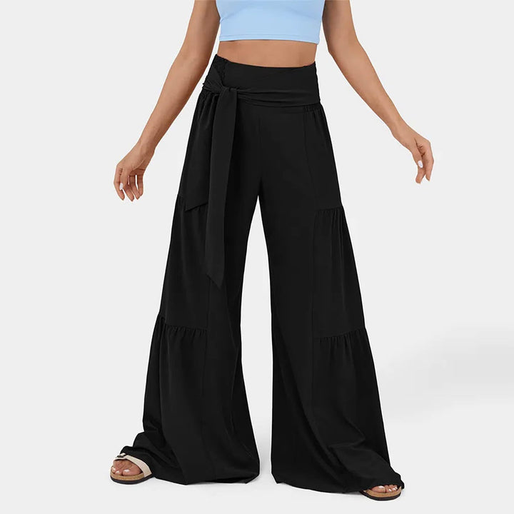 Damen weite Palazzo-Hose mit hoher Taille, bindbarem Taillenband und Stufensaum – Avérine