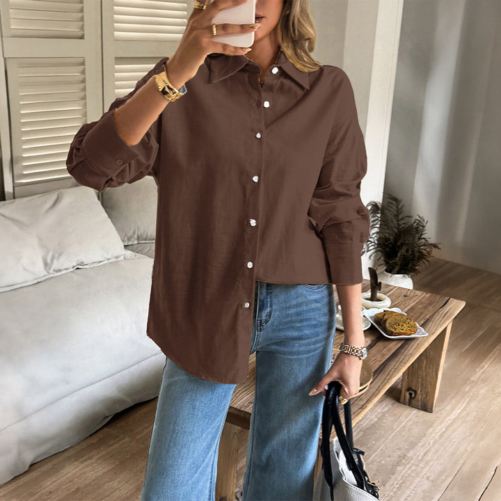 Damen oversized Leinen-Hemdbluse mit kastigem Schnitt und verdeckter Knopfleiste – Élovi