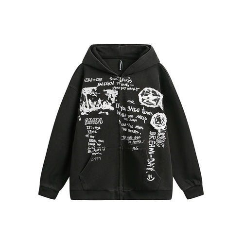 Unisex Oversize-Kapuzenzipjacke mit künstlerischem Schriftprint Echoarchiv