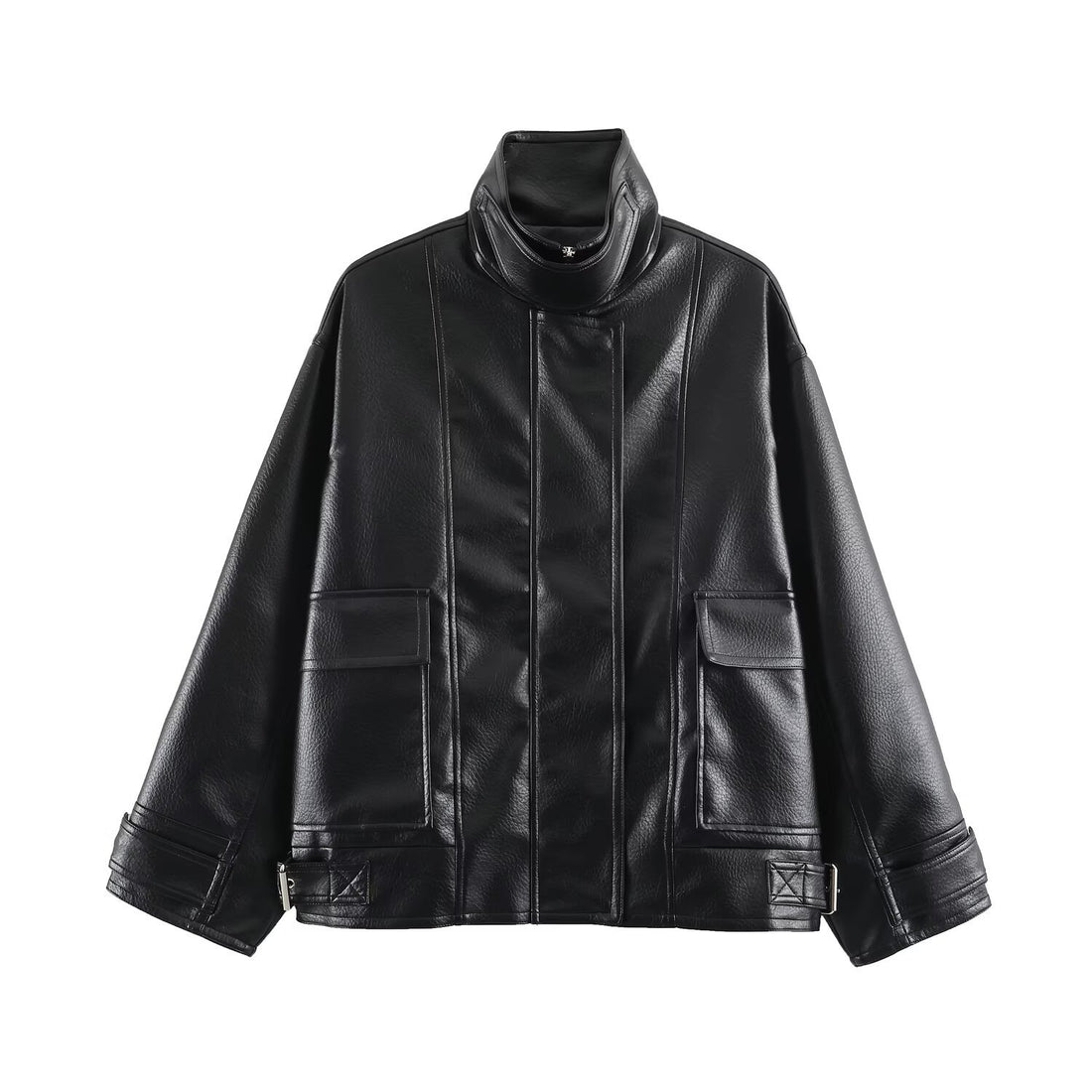 Damen Oversized Kunstleder-Fieldjacke mit hohem Stehkragen und aufgesetzten Pattentaschen Echoarchiv