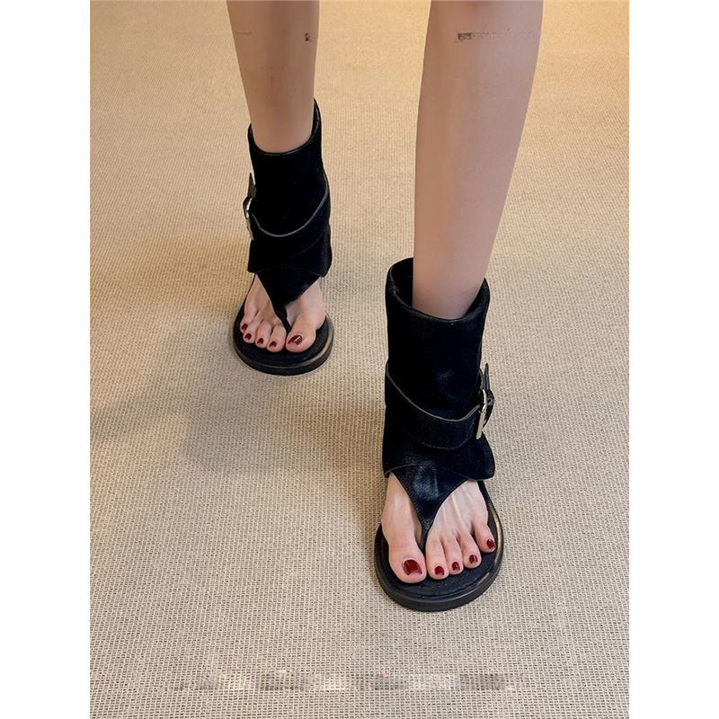 Damen Offene Sandalen‑Stiefelette mit Sockenkragen und Schnallenriemen – Sorelia