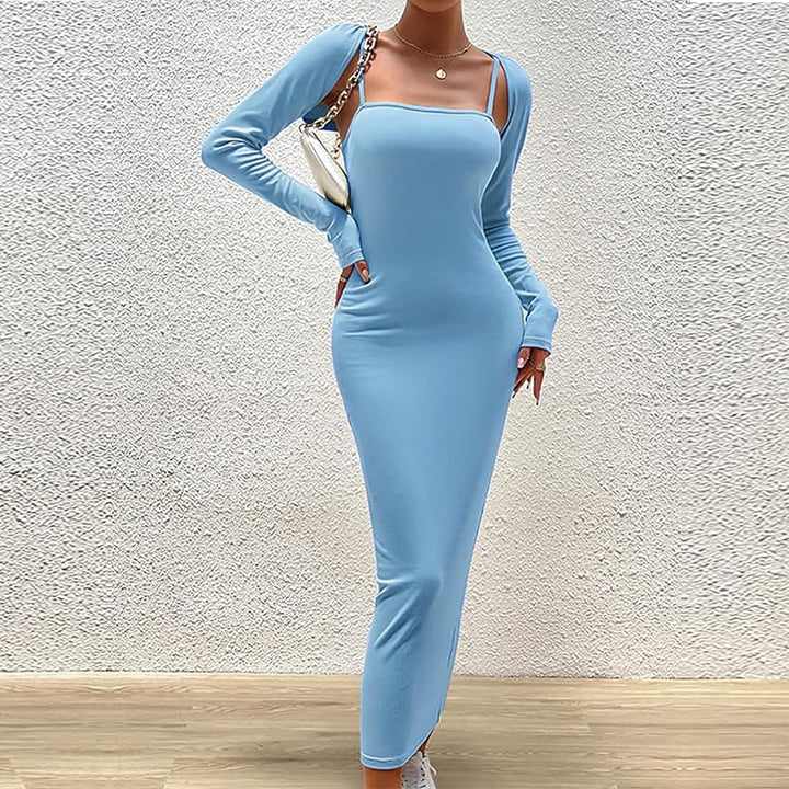 Damen schlankes Maxikleid mit Spaghettiträgern und abnehmbaren Bolero-Ärmeln – Valéora