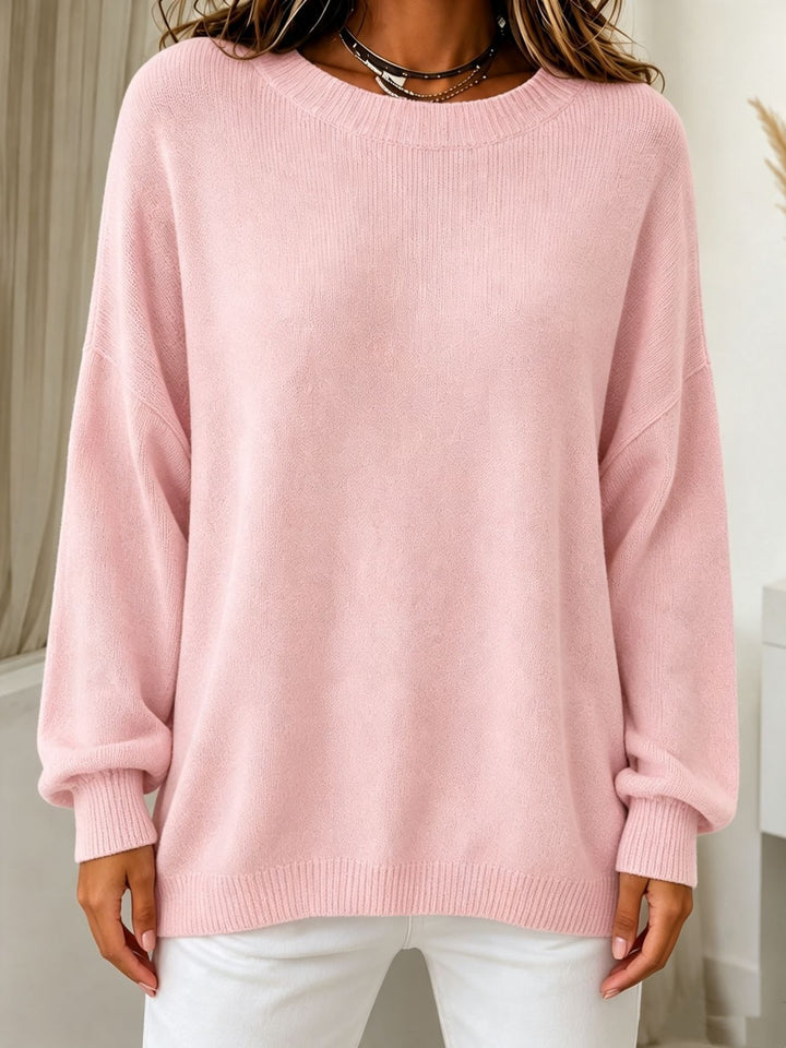 Damen Leichter Cashmere‑Touch Pullover mit Rundhalsausschnitt, überschnittener Schulter und gerippten Bündchen – Mavelle