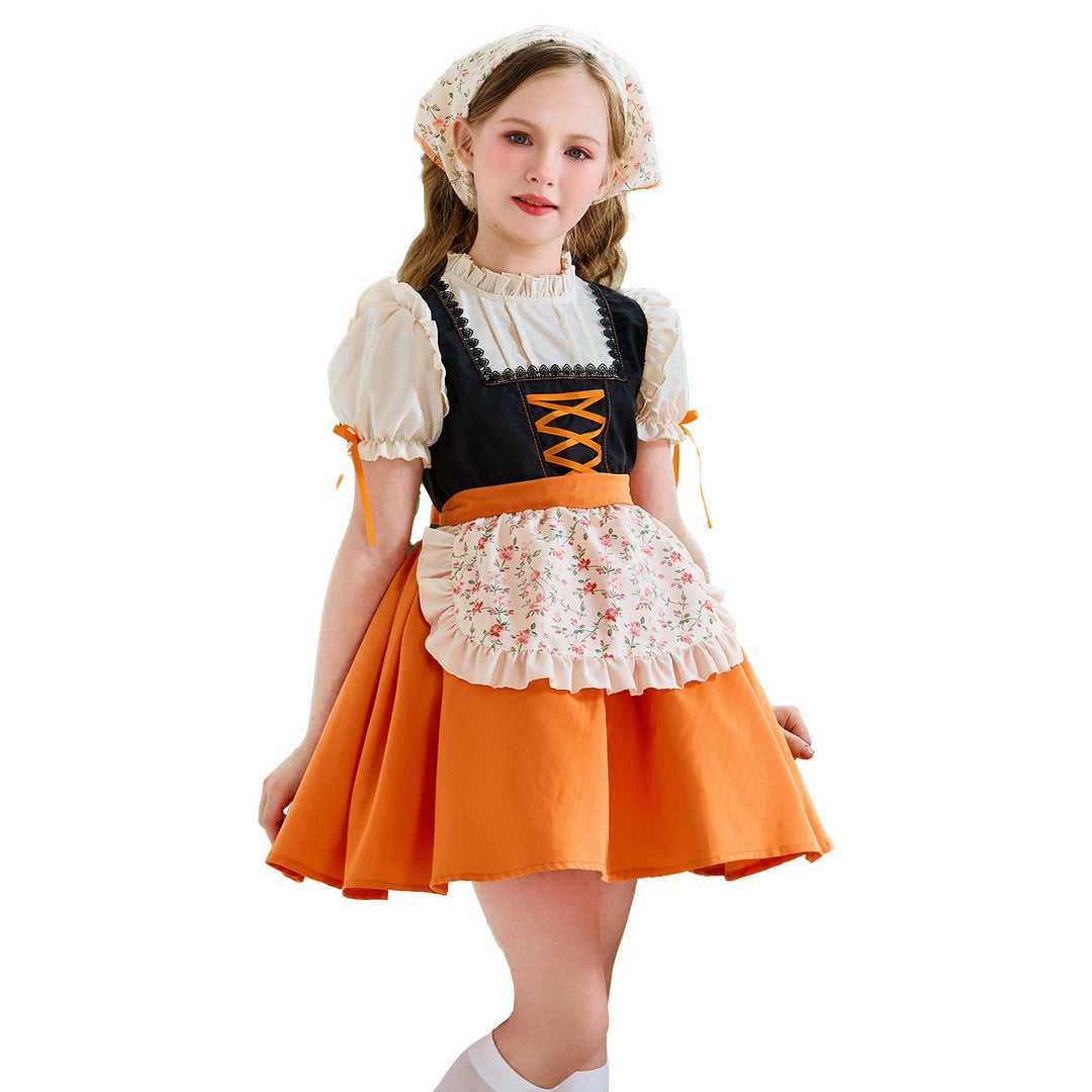 Damen nan traditionelles Kinderdirndl mit Schnürung, Rüschenschürze und Kopftuch Echo Archiv