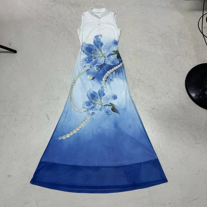 Damen Maxi-Kleid mit floralen Akzenten und elegantem Rundhalsausschnitt Echo Archiv