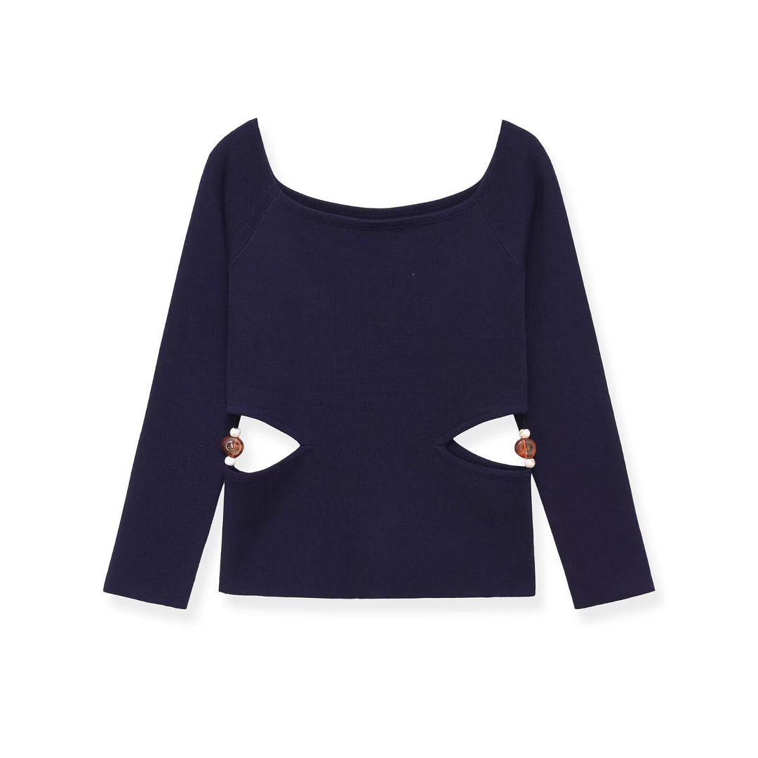 Damen Langarmshirt mit seitlichen Taillen-Aussparungen und Perlenbesatz Echo Archiv