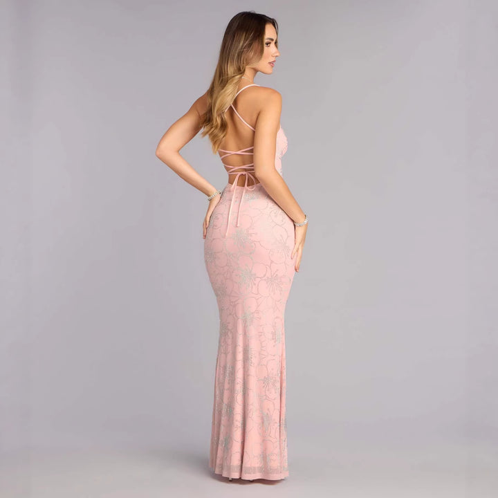 Damen Elegantes Maxikleid mit floralem Glitzermuster Echo Archiv