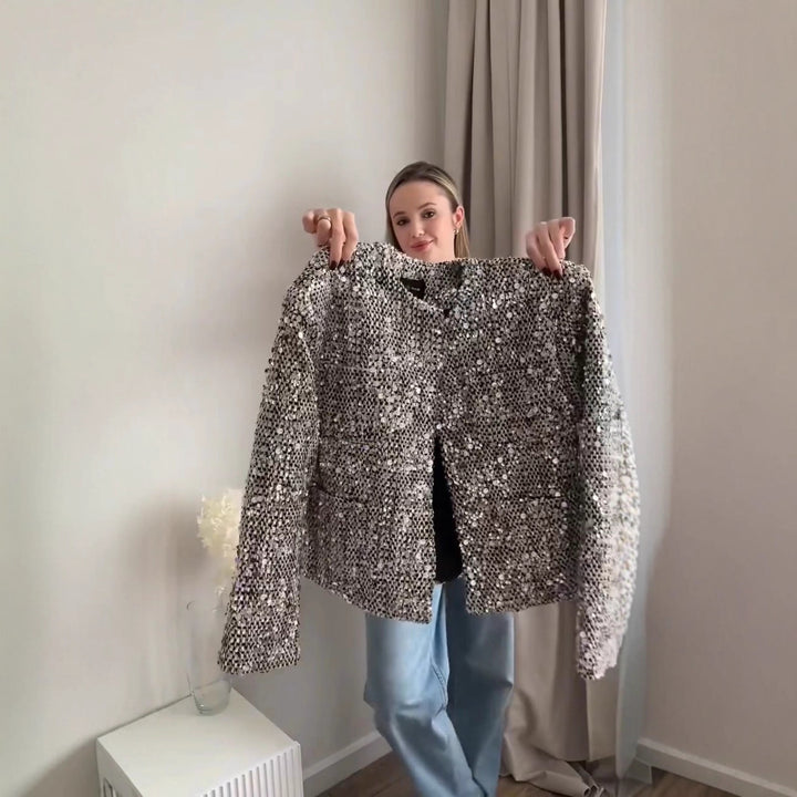 Damen nan gefütterte Bouclé-Kurzjacke mit Paillettenbesatz, Rundhalsausschnitt und offener Front Echo Archiv