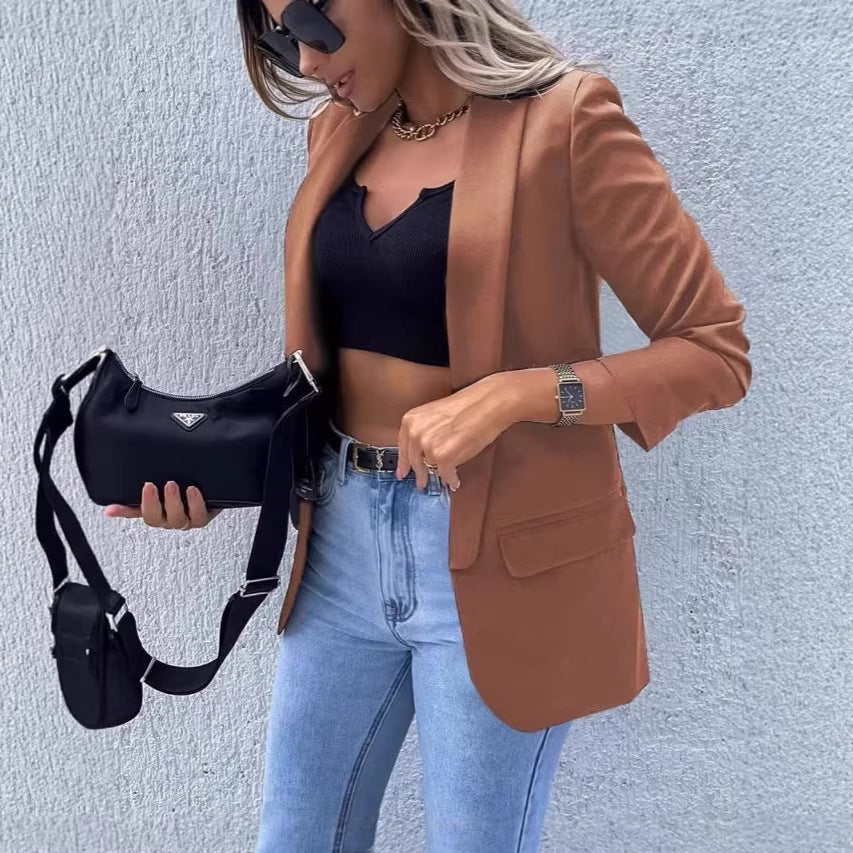 Damen Kariierter Longblazer mit legerer Passform, aufgesetzten Taschen und Dreiviertelärmeln – Célinea