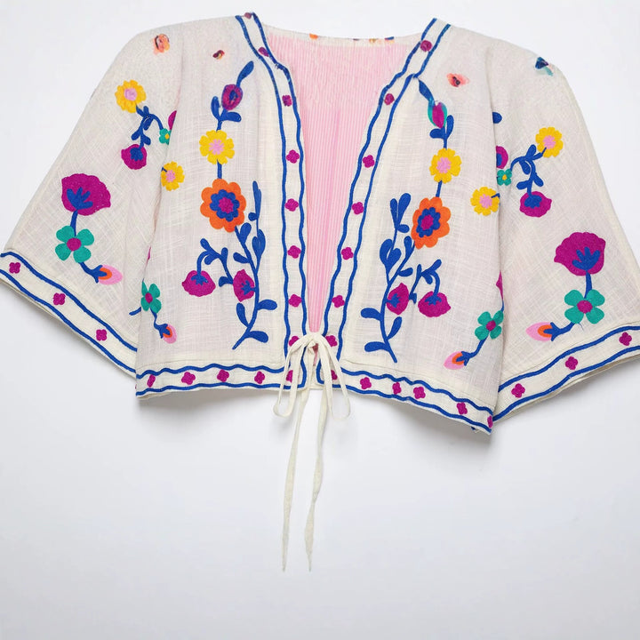 Damen Bestickter Kimono-Blouson mit Tunnelzug und floraler Stickerei Echo Archiv