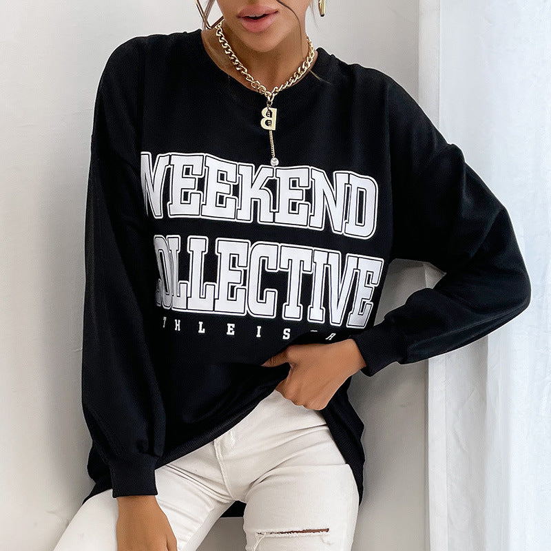 Damen Oversize Sweatshirt mit College-Print und Rundhalsausschnitt Echoarchiv