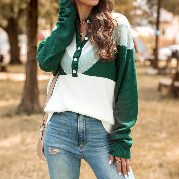 Damen Grobstrick-Henley-Pullover mit Stehkragen und Chevron-Intarsie Echoarchiv