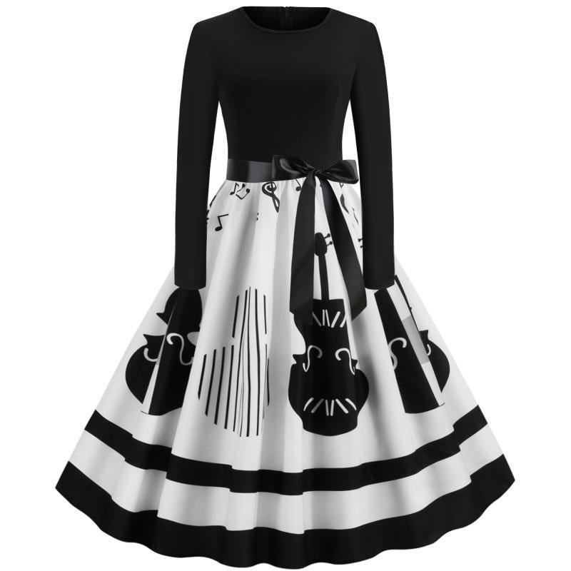 Damen Swing-Kleid im Retro-Stil mit instrumentalem Print, tailliertem Oberteil und voluminösem Tellerrock – Élara