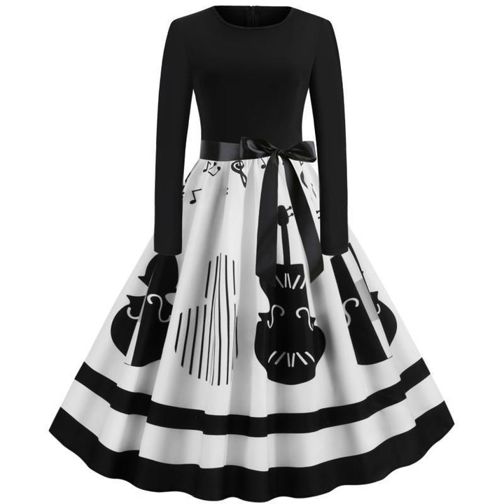 Damen Swing-Kleid im Retro-Stil mit instrumentalem Print, tailliertem Oberteil und voluminösem Tellerrock – Élara