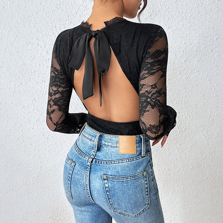 Damen Eleganter Spitzen-Body mit Korsett-Teilung und langen Transparentärmeln Echoarchiv