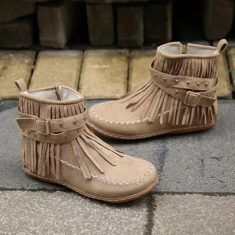 Damen Fransen-Ankleboots im Mokassinstil mit Ziernaht, Schnallenriemen und weicher Gummisohle Echo Archiv
