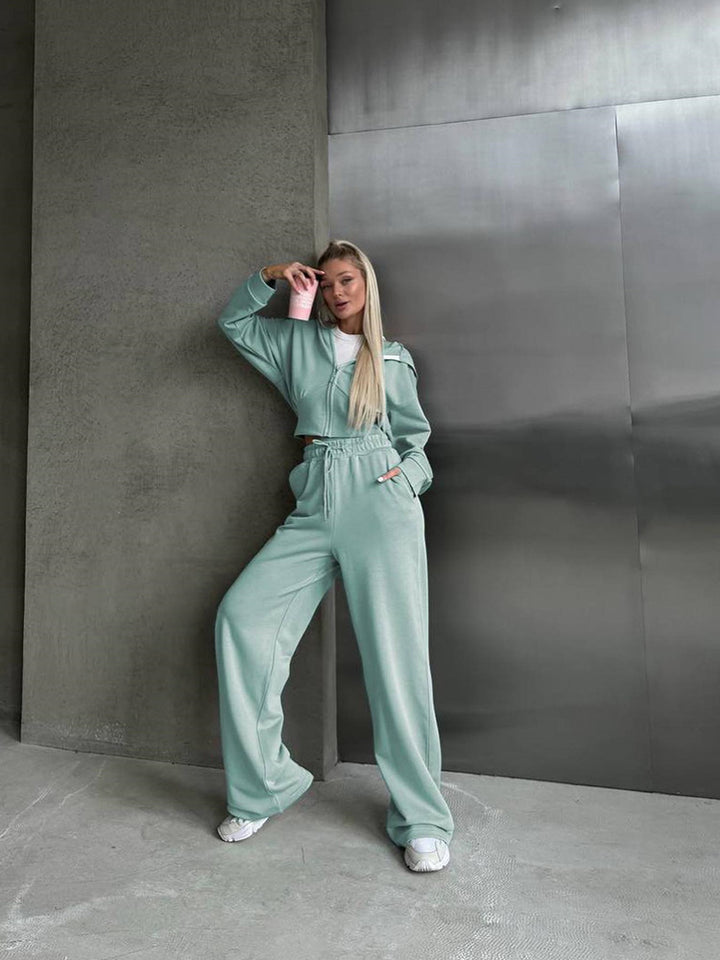 Damen nan zweiteiliges Cropped Hoodie-Set mit weitem Bundhose-Schnitt und tailliertem Reißverschluss Echo Archiv
