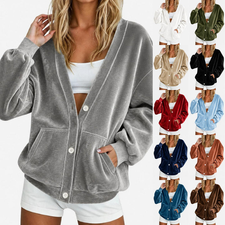 Damen Oversize-Relax-Cardigan aus Velours mit Knopfleiste und Eingrifftaschen Echoarchiv