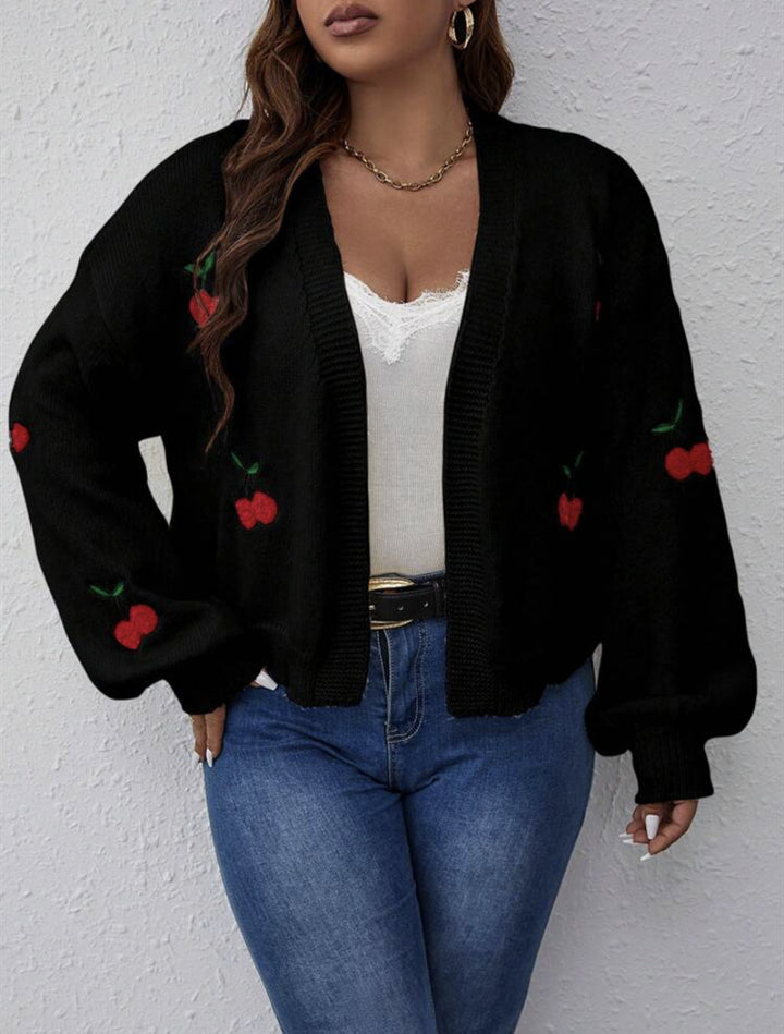 Damen Kurzgeschnittener Oversize-Cardigan mit Kirsch-Stickerei – Veloura