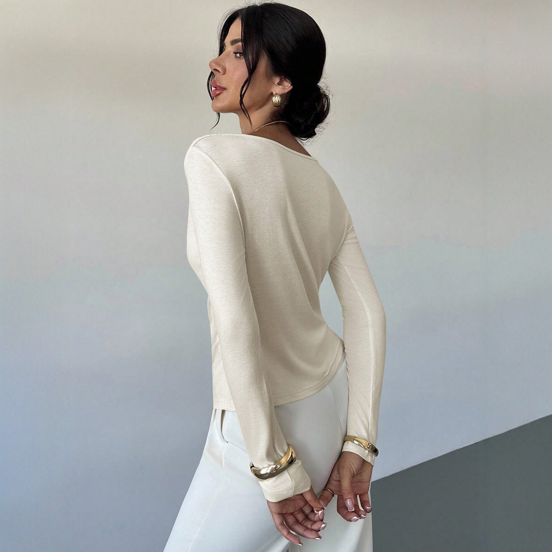 Damen elegantes drapiertes Langarm-Top mit Wasserfallkragen und taillierter Silhouette – Avérine
