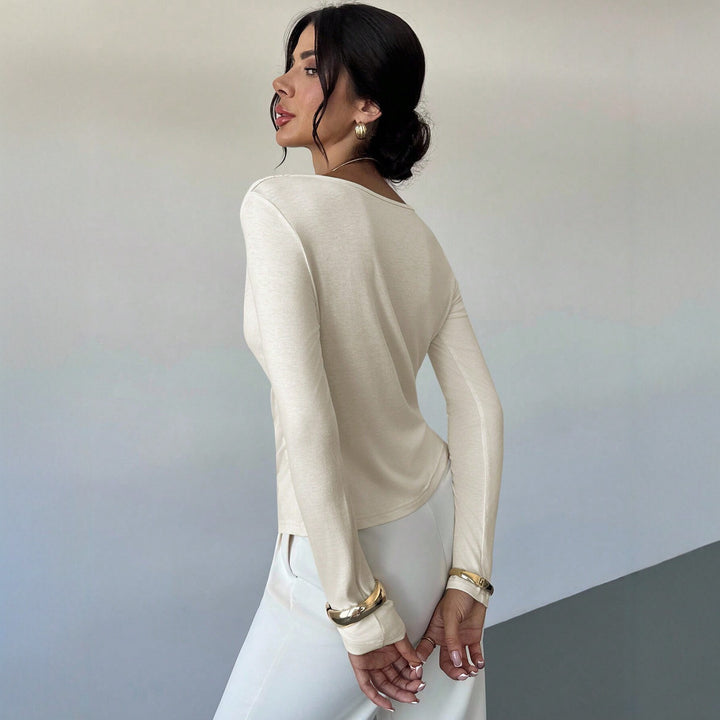 Damen elegantes drapiertes Langarm-Top mit Wasserfallkragen und taillierter Silhouette – Avérine