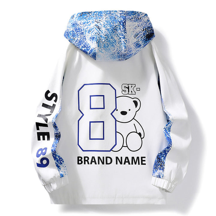 Herren Leichter Kapuzen-Windbreaker mit Camouflage-Akzenten & Grafikprint Echoarchiv