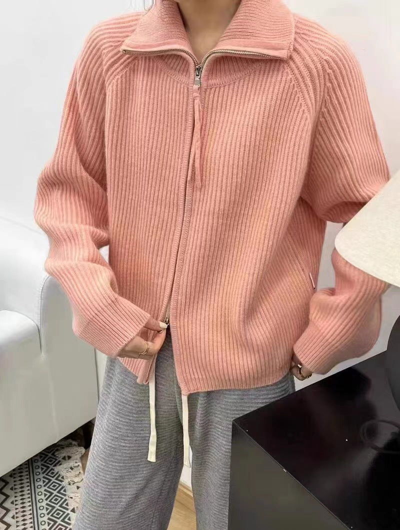 Damen Oversize-Strickjacke mit Reißverschluss, Stehkragen und gerippter Struktur Echoarchiv