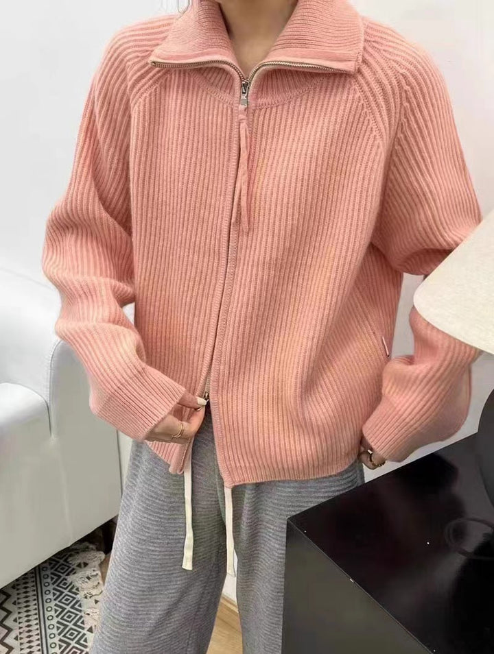 Damen Oversize-Strickjacke mit Reißverschluss, Stehkragen und gerippter Struktur Echoarchiv