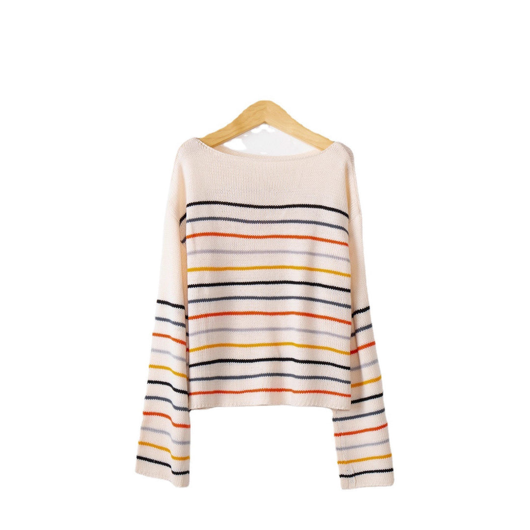 Damen Kurzgeschnittener Feinstrick-Pullover mit Rundhalsausschnitt, mehrfarbigen Horizontalstreifen und überschnittenen Schultern Echo Archiv