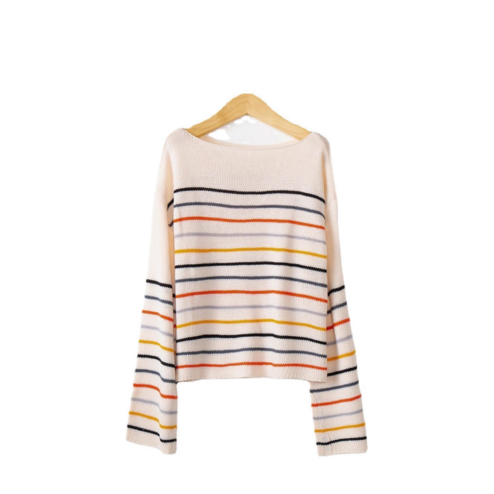 Damen Kurzgeschnittener Feinstrick-Pullover mit Rundhalsausschnitt, mehrfarbigen Horizontalstreifen und überschnittenen Schultern Echo Archiv