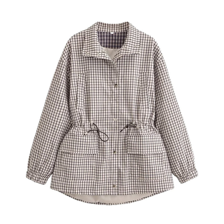 Damen Karo-Übergangsjacke mit Tunnelzugtaillierung und Pattentaschen Echoarchiv