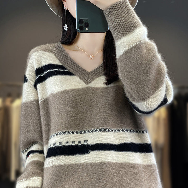 Damen Oversize-Strickpullover mit V‑Ausschnitt und grafischem Streifenmix Echoarchiv