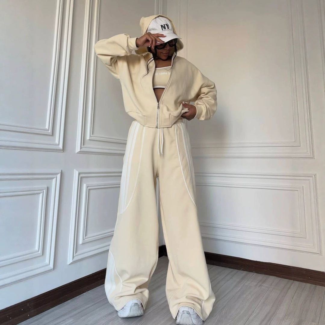 Damen Oversize Kapuzen-Sweatjacke mit Reißverschluss und weitem Trackpant-Set – Auréline