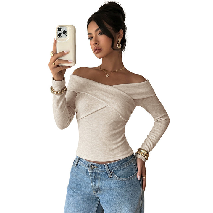 Damen Schulterfreies Wickel-Longsleeve mit Carmenkragen und taillierter Passform – Avérine
