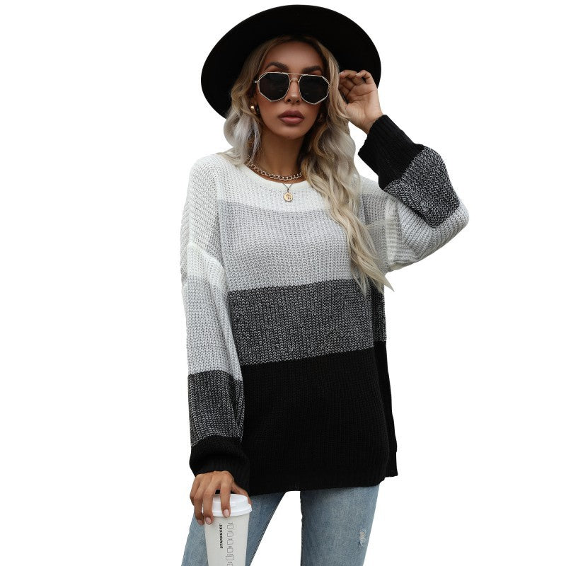 Damen Oversize-Colorblock-Strickpullover mit geradem Saum und Ballonärmeln Echoarchiv