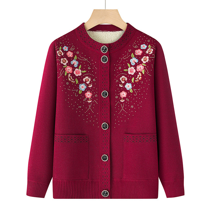 Damen bestickte Strickjacke mit Rundhals, aufgesetzten Taschen und dekorativer Knopfleiste – Veloura