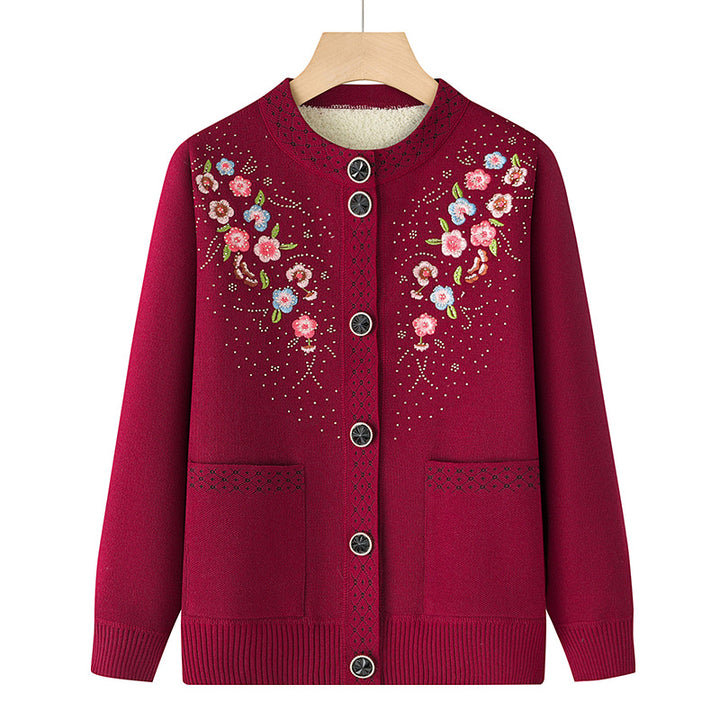Damen bestickte Strickjacke mit Rundhals, aufgesetzten Taschen und dekorativer Knopfleiste – Veloura