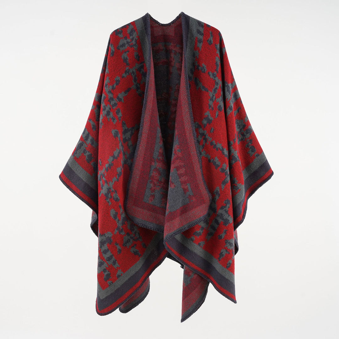 Damen Wollmix-Umhang mit jacquardgewebtem Aquarelldruck und offener Kimono-Silhouette – Montévia