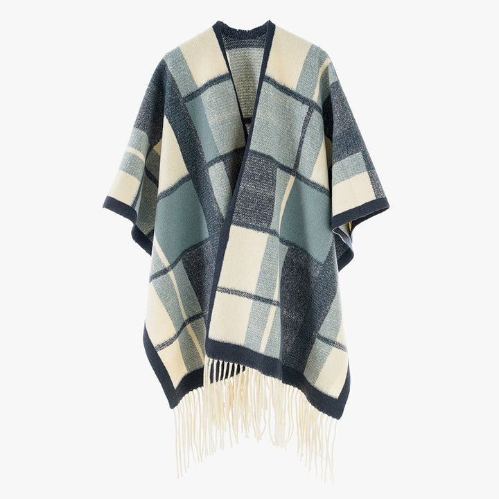 Damen Capeponcho im Oversize‑Rechteckschnitt mit karierter Webstruktur und Fransen – Avérine