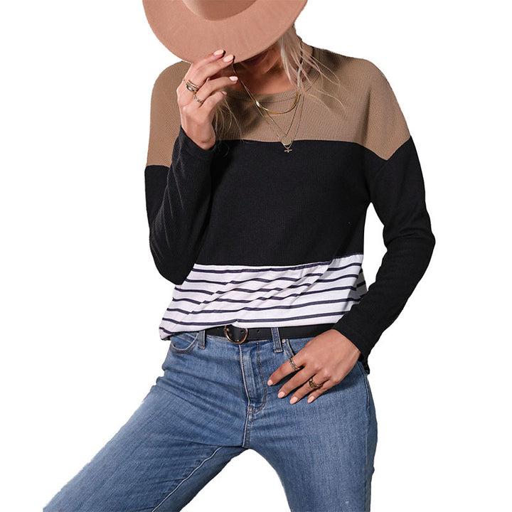 Damen Leichtes Rundhals‑Strickshirt mit Waffelstruktur‑Schulter und maritimem Streifenbund Echoarchiv