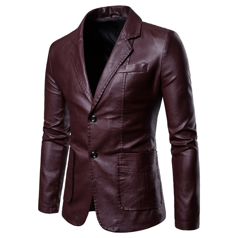Herren Figurbetonter Lederoptik-Blazer mit Hemdkragen und Zwei-Knopf-Front – Tianoro